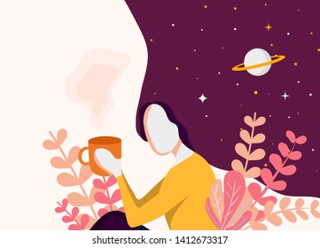 Vector illustration of cute girl drinking coffee or tea.