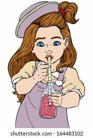 Vector illustration, cute girl drinking juice, cartoon concept, white background.