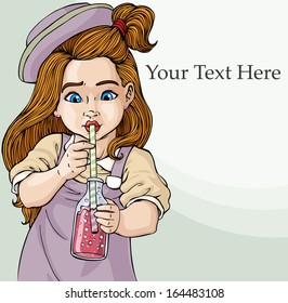 Vector illustration, cute girl drinking juice, card concept.
