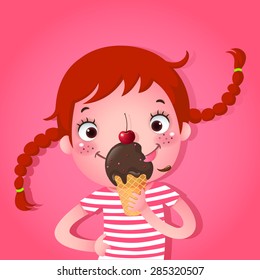 A vector illustration of cute girl eating ice-cream