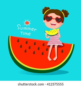 Vector illustration of cute girl eating watermelon