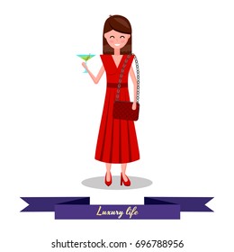 Vector illustration. Cute girl flat in red dress with handbag and martini glass. Luxury life.