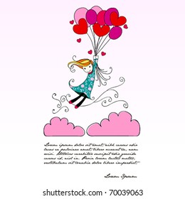 Vector illustration of cute girl flying away on heart shaped balloons