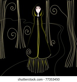 Vector illustration of cute girl in forest