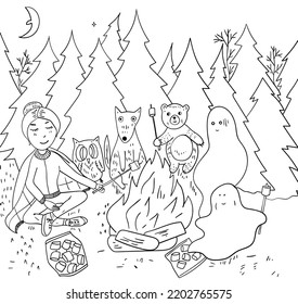 Vector illustration. Cute girl, funny animals and Halloween ghosts are sitting near the fireplace and roasting marshmallows. Spruce trees and moon. Night forest. Coloring book page. 