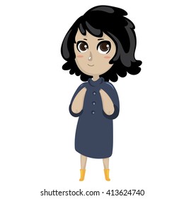 Vector illustration with cute girl in funny sweater and yellow boots. Funny smiling girl on white background.