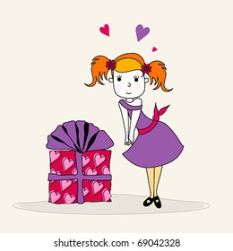 Vector illustration of cute girl with gift box