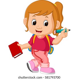 vector illustration of Cute girl go to school