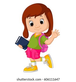 vector illustration of Cute girl go to school cartoon