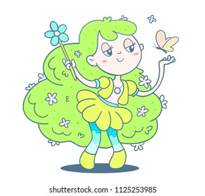 Vector illustration of a cute girl with green color hair and magic wand on white background. Hand drawn flat line art style of little forest fairy girl in dress for web, site, card
