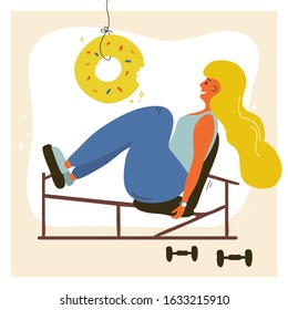 Vector illustration of cute girl in gym. Keep calm and eat donut. Body positive and sport motivation poster. Woman in sportswear do exercise in fitness center. Workout concept for banner, flyer, card.