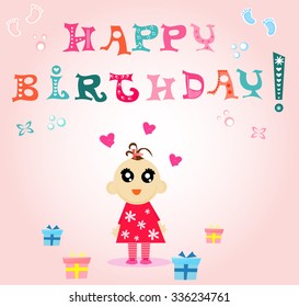 Vector illustration of cute girl with happy birthday greeting card.