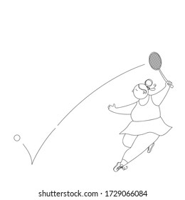 Vector illustration of a cute girl hitting a tennis ball with a racket.Linear silhouette isolated on a white background.