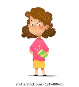 Vector illustration of cute girl holding book on white background