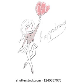 Vector illustration of a cute girl holding birthday pink color balloons with hand written text Happiness