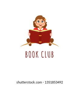 Vector illustration of cute girl  holding an open book.  Logo design template for presentation, logo, education class, book club.