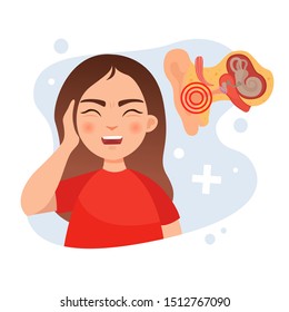 Vector illustration of a cute girl holding her ear. Ear disease concept. Anatomy of the ear.
