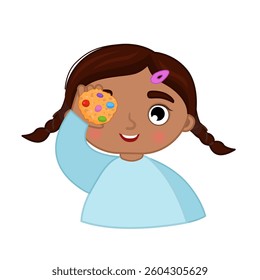 Vector illustration of cute girl holding cookie in her hand.
