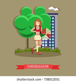 Vector illustration of cute girl holding red pompom. Cheerleader concept design element in flat style.