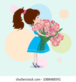 Vector illustration. Cute girl with huge bouquet of flowers in her hands. 