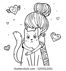 Vector illustration with cute girl hugging   cat. Coloring art
