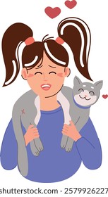 Vector Illustration of a Cute Girl Hugging Her Cat – Adorable Pet Love Concept, Furry Friend on Her Shoulders, Warm and Cozy Moment, Perfect for Animal Lovers, Greeting Cards, and Posters – Created in