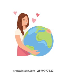 Vector illustration of a cute girl hugging a planet. Cartoon scene of smiling girl holding planet earth in her arms, hearts isolated on white background. Careful and loving attitude to planet earth.