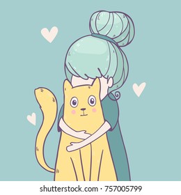 Vector illustration with cute girl hugging sunny yellow warm cat
