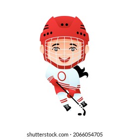 Ilustración vectorial. Jugadora de hockey sobre hielo en acción. Caricatura De Invierno Deportiva Femenina. Aislado en fondo blanco.