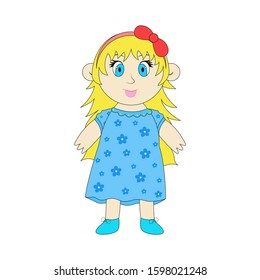 Vector illustration of cute girl isolated on white background. Vector cute baby blond girl in dress