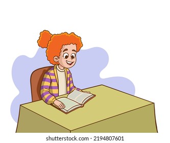 vector illustration of cute girl kid reading book at table