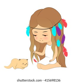 Vector illustration, cute girl and kitten, cartoon hand drawn style. Young girl with feather headdress playing with kitten. Design element for print, cards, poster, cloth.