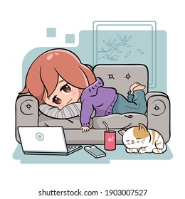 Vector illustration of cute girl lying on sofa and being lazy. Laptop, cellphone, coke can and a cat near her. Laziness or relaxing concept. Drawn in kawaii chibi style. 