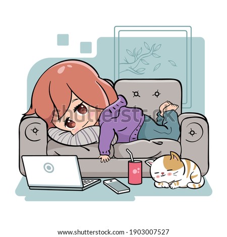 Vector illustration of cute girl lying on sofa and being lazy. Laptop, cellphone, coke can and a cat near her. Laziness or relaxing concept. Drawn in kawaii chibi style. 