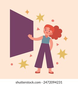 Vector illustration of cute girl making a work presentation with abstract elements