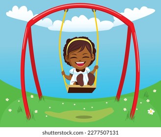 Vector illustration of a cute girl on a swing playground. Child on spring outdoors nature