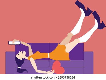 Vector illustration - a cute girl in an orange dress and white knee socks lying on a purple sofa with a smartphone and a heart in her hands and space to copy. The concept of Valentine's day