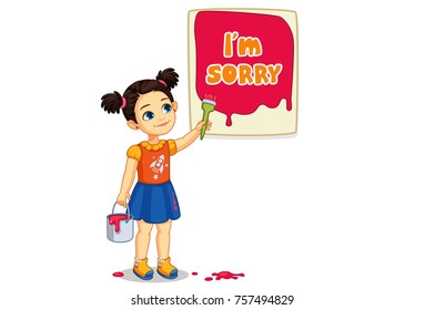 Vector illustration of cute girl painting a board of I'm Sorry text