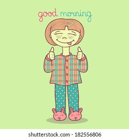 Vector illustration of a cute girl in pajamas and sneakers, wishing good morning