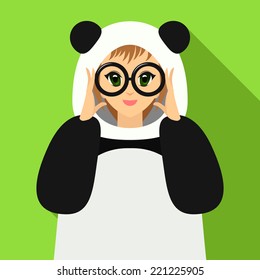  Vector illustration of cute girl girl in panda suit holding eyeglasses