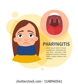 Vector illustration of a cute girl. Pharyngitis and tonsillitis.
