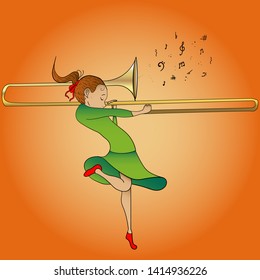 Vector illustration of a cute girl playing trombone
