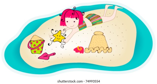 Vector illustration of a cute girl playing in the sand