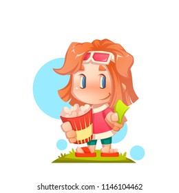 Vector illustration of cute girl with popcorn and ticket