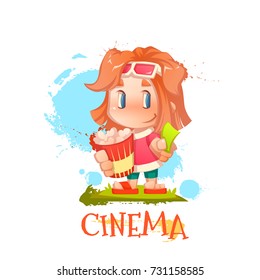 Vector illustration of cute girl with popcorn and ticket