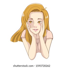 vector illustration of a cute girl posing chin on hands and looking on side