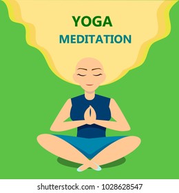 Vector illustration of a cute Girl Practicing Yoga. lotus meditative pose. Template for design cards, notebook, yoga studio