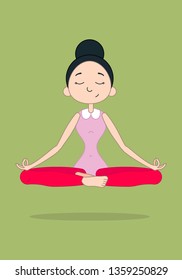 Vector illustration of a cute girl practicing yoga in lotus meditative pose. Character vector illustration.