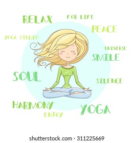 Vector illustration of a cute Girl Practicing Yoga. lotus meditative pose. Template for design cards, notebook, yoga studio, poster and natural cosmetics/Print for T-shirt. Character design. 