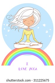 Vector illustration of a cute Girl Practicing Yoga. lotus meditative pose. Template for design cards, notebook, yoga studio, poster and natural cosmetics/Print for T-shirt. Character design. 